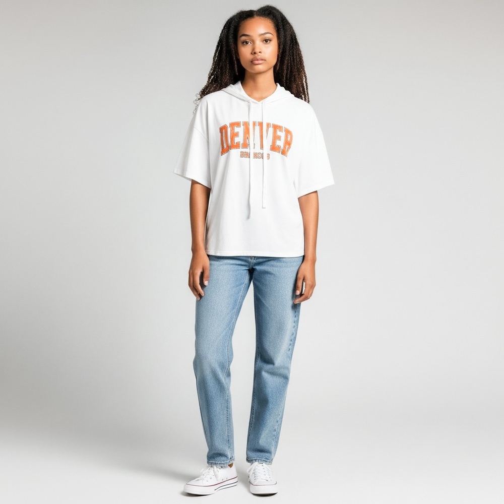 NWT GameDay Couture White Denver Broncos Hooded Short Sleeve Top
